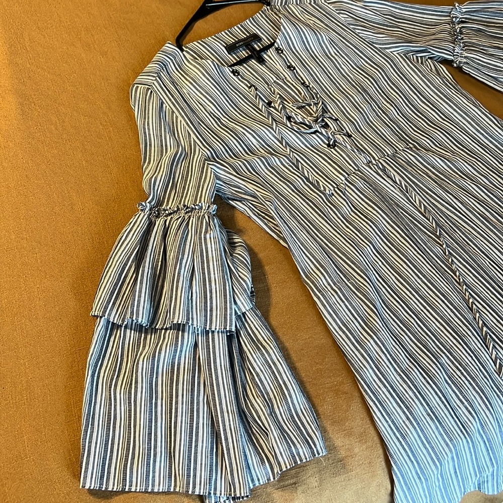 BCBGMAXAZRIA Charlyze DRESS Blue And White STRIPE BELL Layered SLEEVE